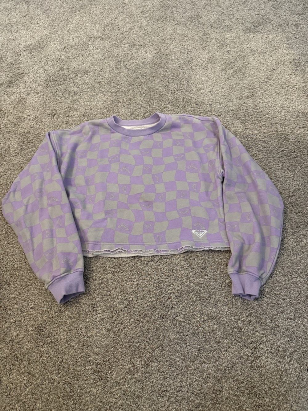 Roxy Kelia fleece cropped sweatshirt purple checkered large